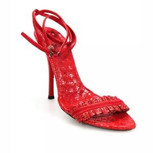 Bottega Veneta Red Intrecciato Ankle Wrap Sandals
